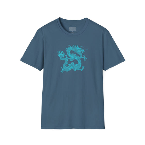 blue dragon t shirt with mythical graphic design on soft unisex fabric