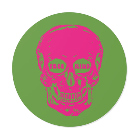 Round vinyl sticker featuring a pink skull with "Free Mind" text on green background