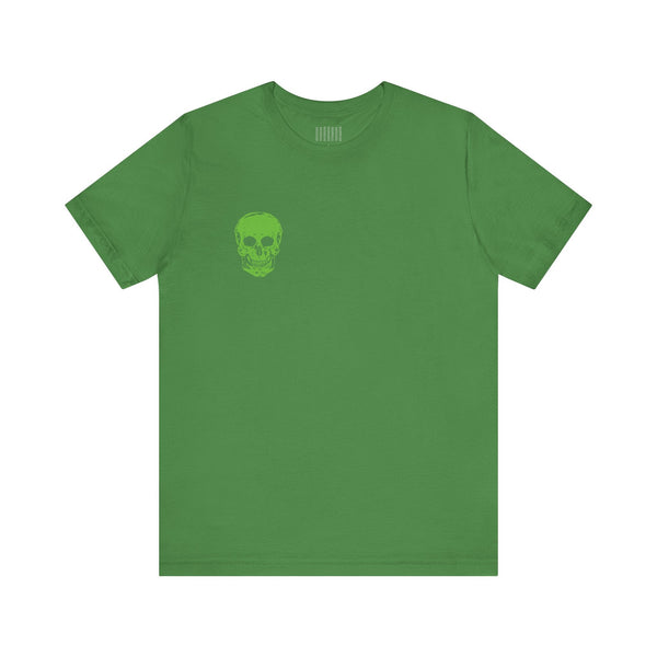 Green Jumbo Skull Back Print with Green Mini Skull Left Front Graphic Tee - Fugitive by Sandra Oles