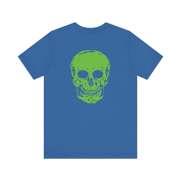 Green Jumbo Skull Back Print with Green Mini Skull Left Front Graphic Tee - Fugitive by Sandra Oles