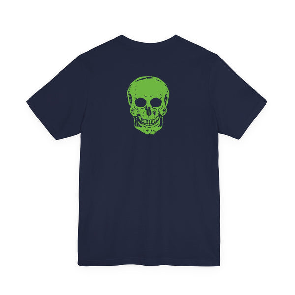 Navy blue designer streetwear t-shirt with bold green skull graphic printed on the back