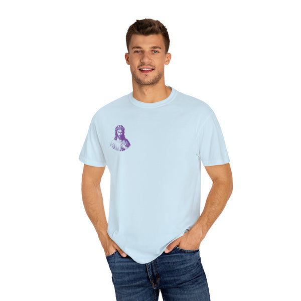Purple Jumbo Jesus Back Print Tee with Purple Mini Jesus Front Left Graphic Tee - Iconic by Sandra Oles