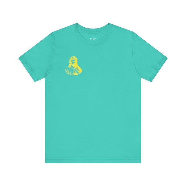 Turquoise Christian streetwear tee with mini yellow Jesus print on front chest.