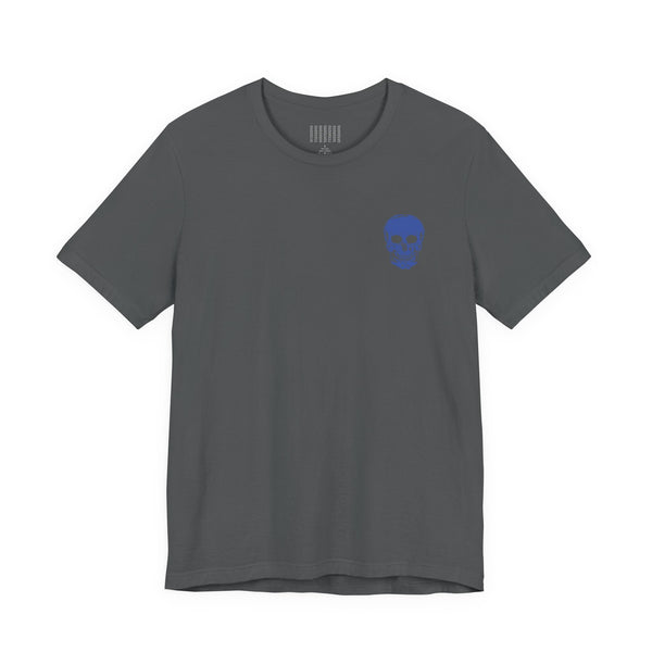 Gray graphic tee shirt with blue mini skull front print and large blue skull back design