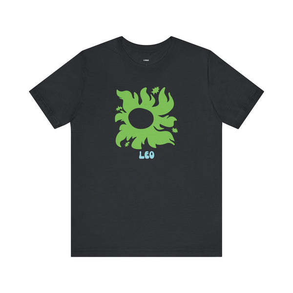 Black unisex tee with green sunburst and star design featuring "Leo" text for astrology fans.