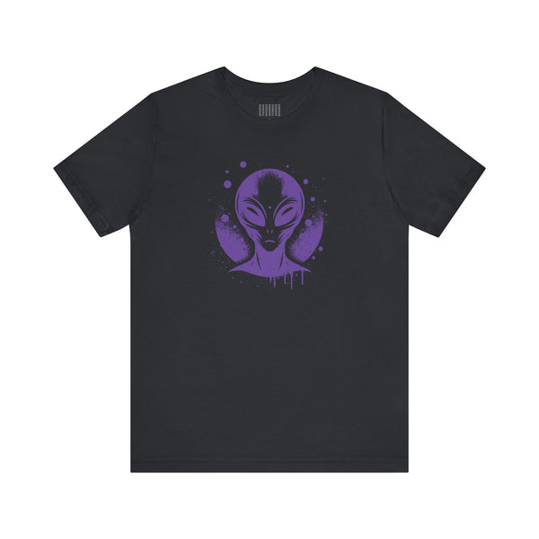 Black streetwear alien t shirt featuring a purple extraterrestrial alien graphic inspired by 1980s sci-fi posters.