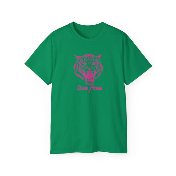 Pink “Live Free” Jumbo Retro Roaring Tiger Head Graphic Tee - Fugitive by Sandra Oles