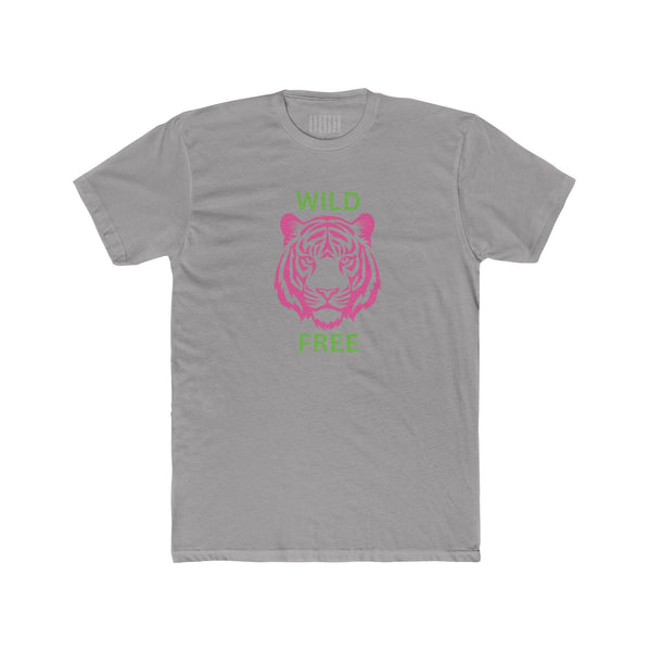 Grey tee with neon pink tiger and green "Wild Free" text graphic