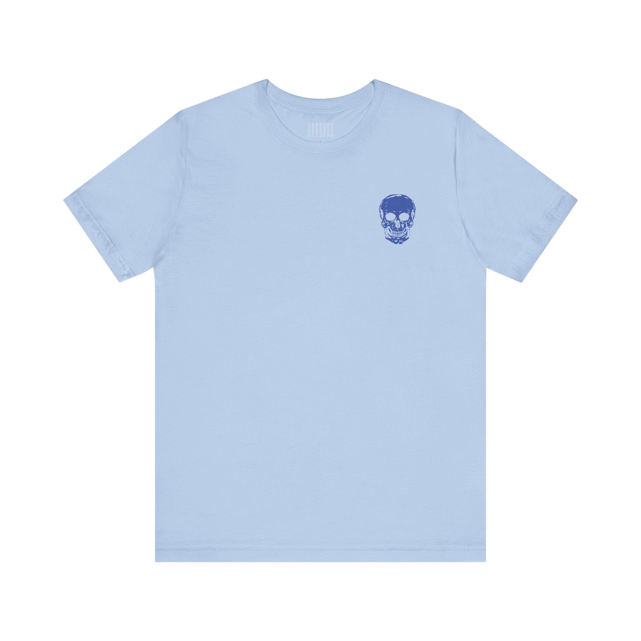 Light blue unisex short sleeve rocker tee with small blue skull graphic on front left chest