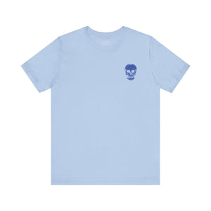 Light blue unisex short sleeve rocker tee with small blue skull graphic on front left chest