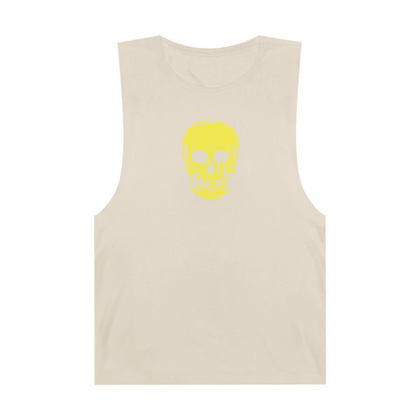 Festival style beige tank top with bold yellow skull graphic on front, sleeveless streetwear shirt.