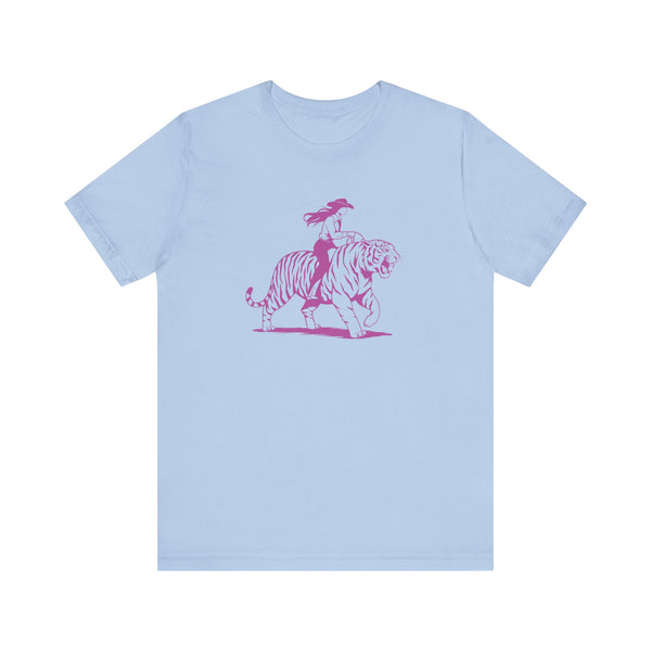 Cowgirl Riding Tiger Front Print Graphic Tee - Retro Style with Humor
