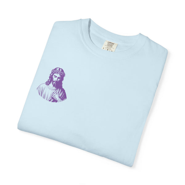 Purple Jumbo Jesus Back Print Tee with Purple Mini Jesus Front Left Graphic Tee - Iconic by Sandra Oles