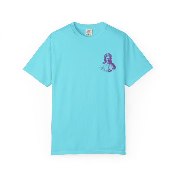 Purple Jumbo Jesus Back Print Tee with Purple Mini Jesus Front Left Graphic Tee - Iconic by Sandra Oles
