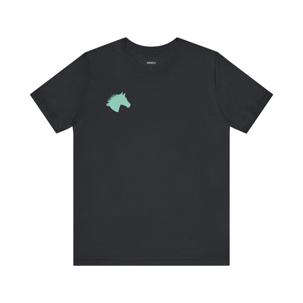 Black equestrian t-shirt with minimalist aqua horse head graphic on left chest