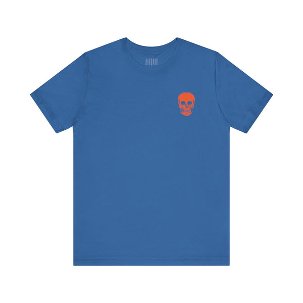 Blue t-shirt with a small orange skull graphic on the left front, cool skull shirts design