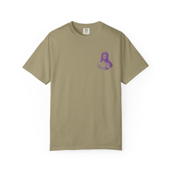 Purple Jumbo Jesus Back Print Tee with Purple Mini Jesus Front Left Graphic Tee - Iconic by Sandra Oles