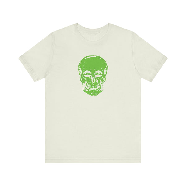 green skull print t-shirt with live free graphic on front in mid-scale style