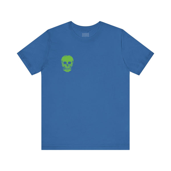 Green Jumbo Skull Back Print with Green Mini Skull Left Front Graphic Tee - Fugitive by Sandra Oles
