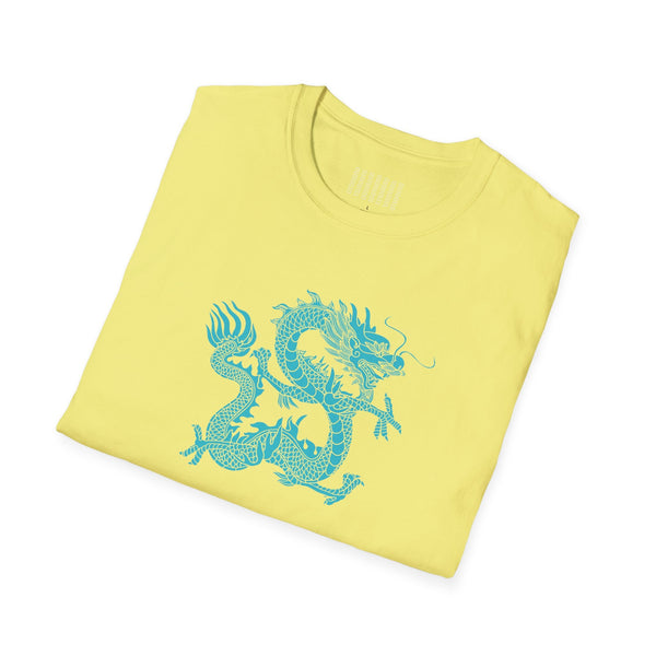 yellow t-shirt with turquoise dragon graphic, unisex softstyle dragon t shirt, mythical dragon design tee