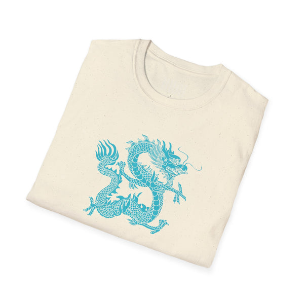 White unisex t-shirt with electric blue dragon graphic design, soft cotton fabric, breathable and ethically made dragon t shirt
