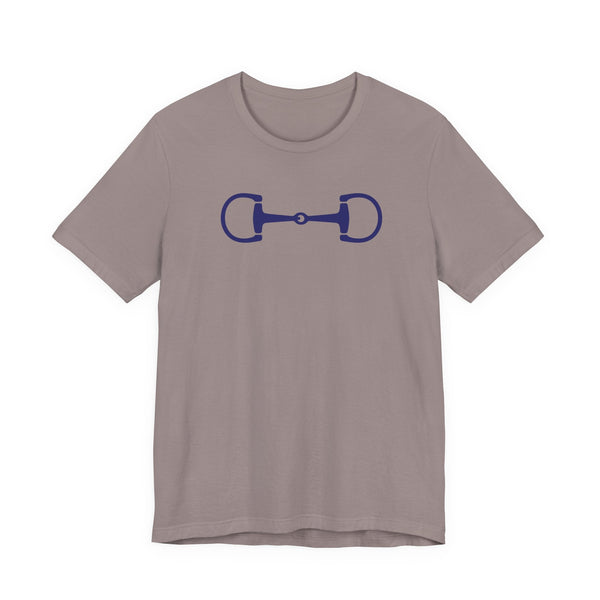 Navy blue horse bit graphic on a brown stylish equestrian blue short-sleeve cotton t-shirt with ribbed collar.