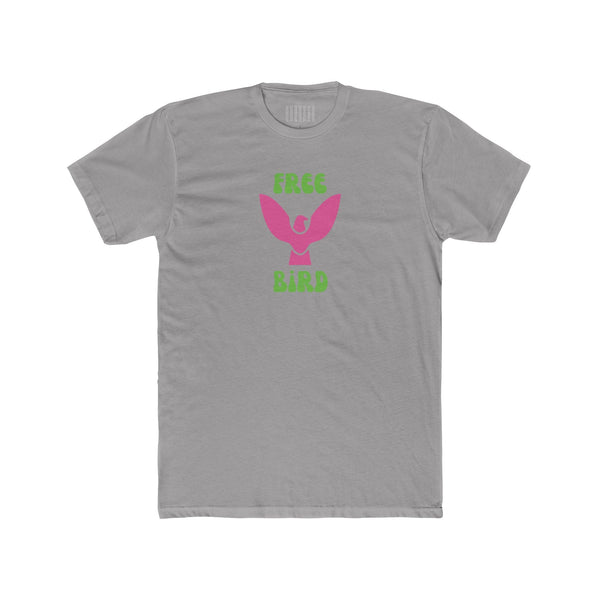 Grey crew neck t-shirt with neon pink bird graphic and green "Free Bird" retro lettering design