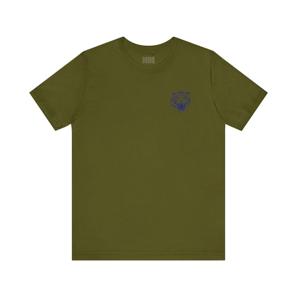 Navy blue retro graphic tee with 4-inch roaring tiger head left front print and classic crew neckline