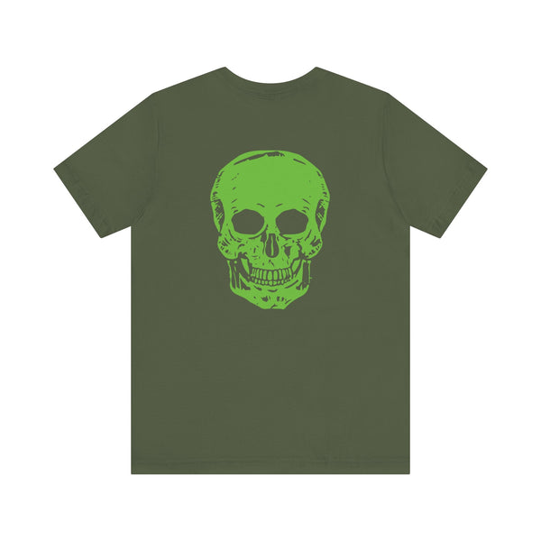 Green Jumbo Skull Back Print with Green Mini Skull Left Front Graphic Tee - Fugitive by Sandra Oles