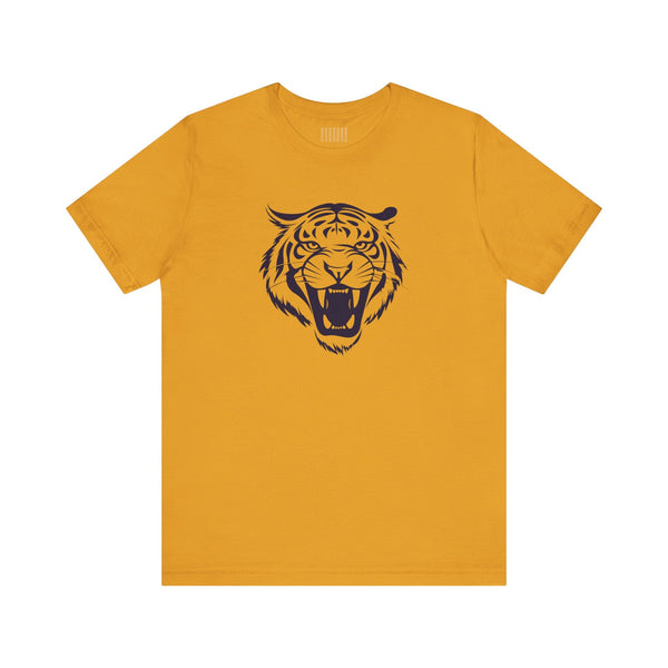 Mustard yellow tee with navy blue roaring tiger head graphic print front design