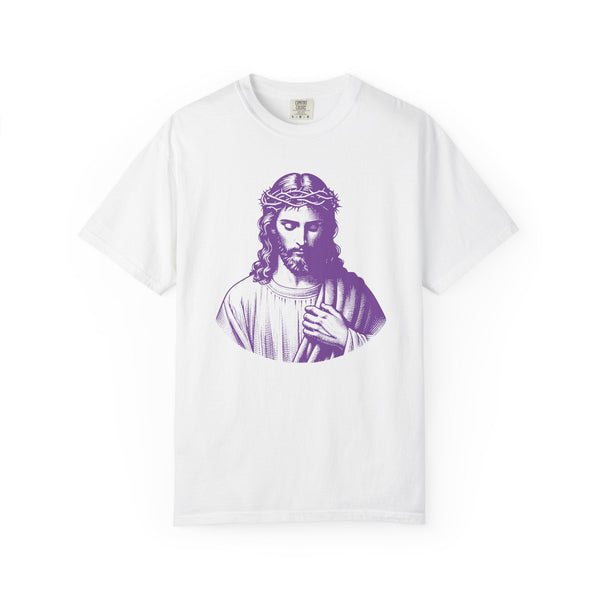White crewneck tee with purple divine Jesus graphic, Christian clothing, soft cotton, unisex style