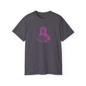 Dark gray t-shirt with magenta Jesus graphic on front, sustainable cotton Jesus T-shirt
