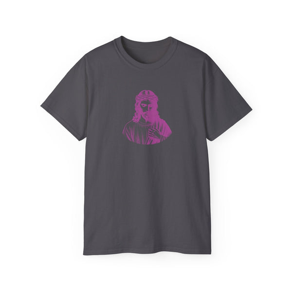 Dark gray t-shirt with magenta Jesus graphic on front, sustainable cotton Jesus T-shirt