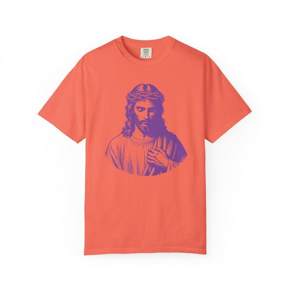 coral Christian clothing t-shirt with purple Jesus front print and crew neck
