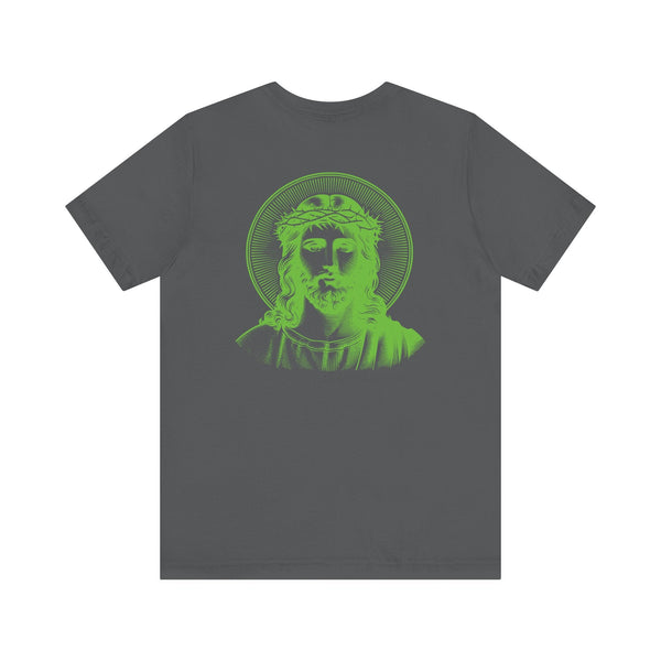 Gray t-shirt with green jumbo halo Jesus back print and small green Jesus print on front left chest Jesus graphic tee