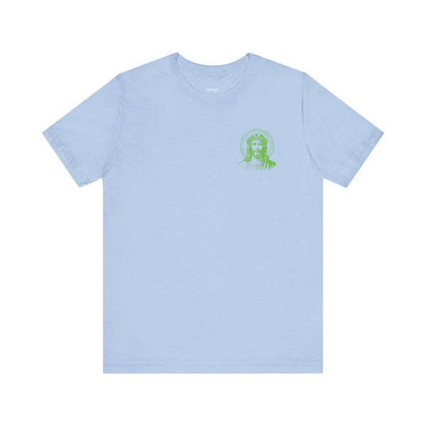 Light blue unisex tee with small green Jesus graphic and halo on left chest, soft cotton streetwear fit.
