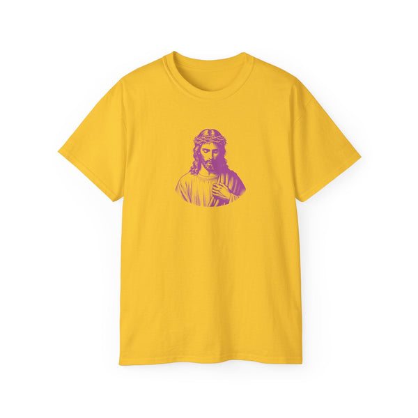 Yellow Jesus T-shirt with magenta graphic print on front, mid-scale streetwear style