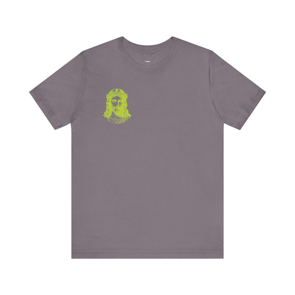 Grey unisex t-shirt with lime green mini Jesus graphic on front left chest, soft cotton fabric, streetwear style.