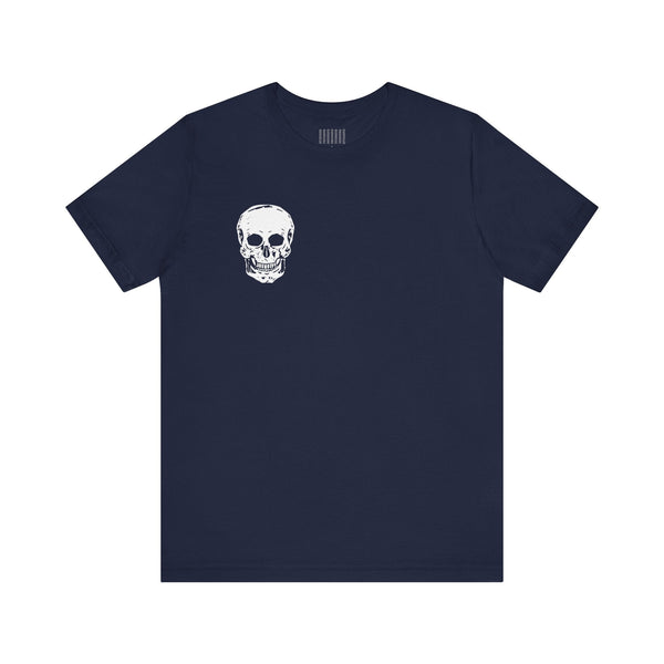 Navy blue skull graphic tee with small white skull print on front left chest and large white skull design on back, made from 100% combed cotton.