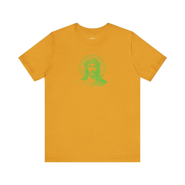 Green Mid-Scale Jesus with Halo Front Print Graphic Tee - Iconic by Sandra Oles