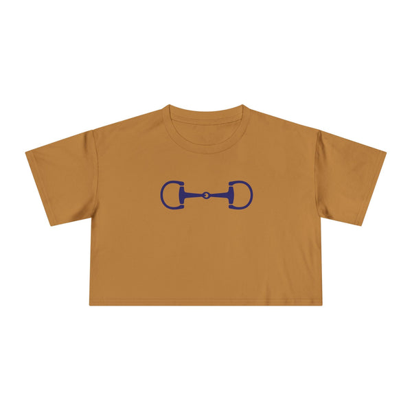 Mustard cropped tee with navy horsebit graphic, relaxed fit, and dropped shoulders, inspired by Ivy League equestrian style.