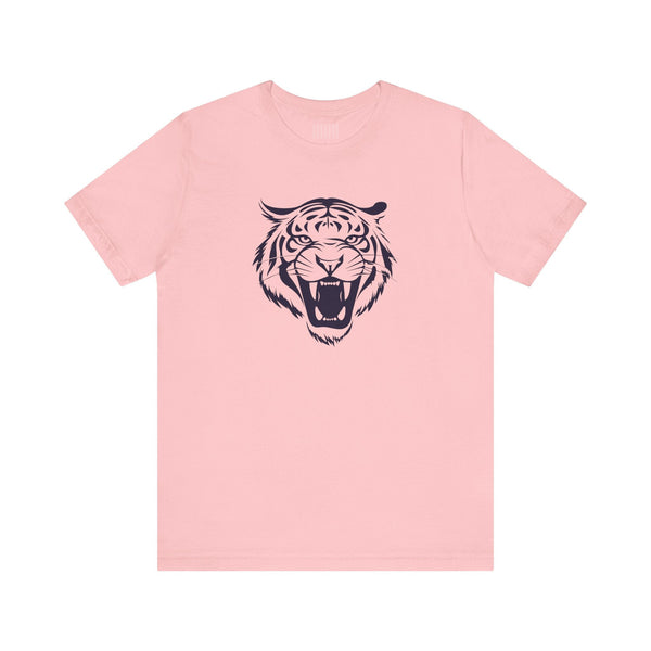Pink graphic tee with navy blue roaring tiger head print front design