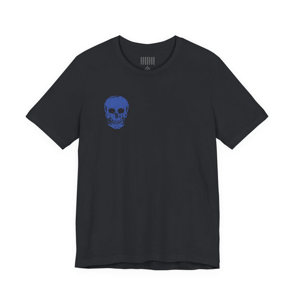 Black graphic tee shirts with small blue skull print on front and jumbo blue skull design on back, made of soft cotton.