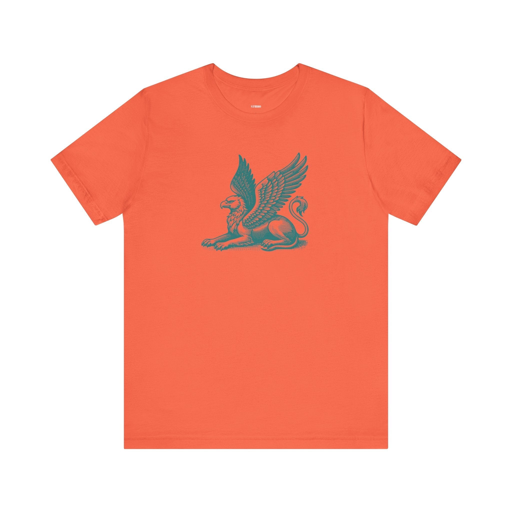 Orange Gryphon t shirt featuring a detailed mythical winged beast graphic, made of soft 100% combed cotton for comfortable casual wear.