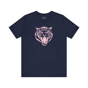navy blue aesthetic t shirt with pink roaring tiger head graphic design