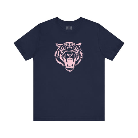 navy blue aesthetic t shirt with pink roaring tiger head graphic design