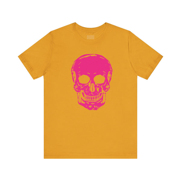 Mustard yellow edgy t shirt with large neon pink skull graphic on front, unisex cotton tee