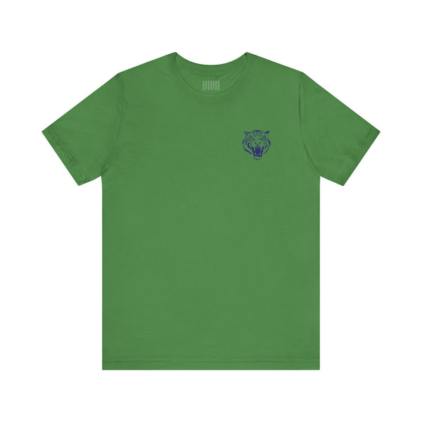 green crew neck retro graphic tee with small navy blue roaring tiger head print on left chest