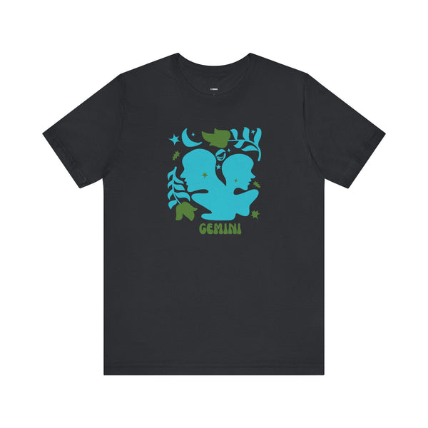 Black zodiac t shirt with retro blue Gemini twin graphic and green stars and leaves design
