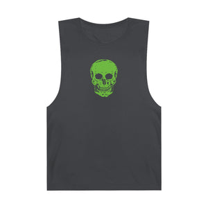 Black tank top with neon green skull graphic on front, sleeveless casual wear